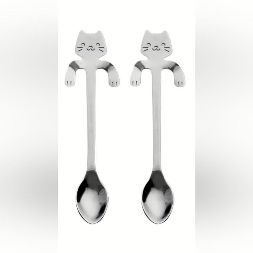 Stainless Steel Cat Tea Coffee Ice Cream Spoon Teaspoon Tableware 2pcs